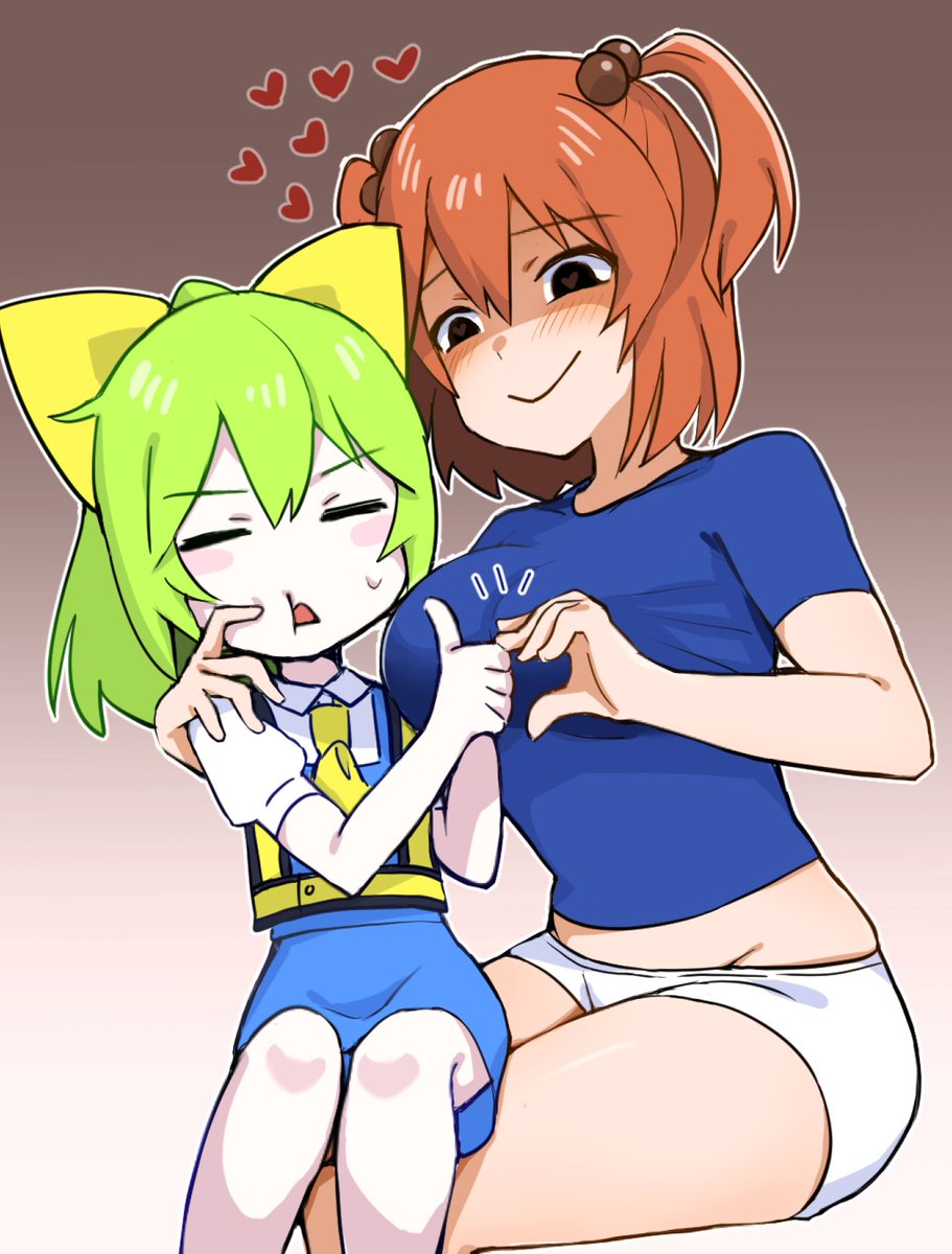 2girls ascot black_eyes blue_shirt blue_skirt blue_vest blush bow breasts brown_background buruma closed_eyes closed_mouth commentary_request cookie_(touhou) daiyousei diyusi_(cookie) feet_out_of_frame gradient_background green_hair hair_bobbles hair_bow hair_ornament hand_on_another's_shoulder heart heart-shaped_pupils heart_hands heart_hands_failure high-visibility_vest high_ponytail highres large_breasts looking_at_another medium_bangs medium_hair midriff multiple_girls onozuka_komachi orange_hair puffy_short_sleeves puffy_sleeves pura_(aiueo256375) shaded_face shirt shishou_(cookie) short_hair short_sleeves sitting sitting_on_lap sitting_on_person skirt skirt_set smile symbol-shaped_pupils t-shirt thumbs_up touhou vest white_buruma yellow_ascot yellow_bow