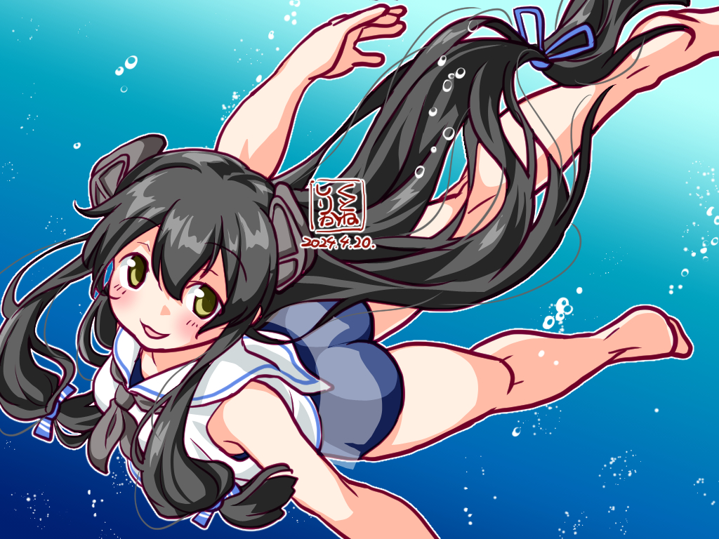 1girl ass black_hair blue_one-piece_swimsuit blue_ribbon green_eyes grey_neckerchief headgear i-47_(kancolle) kantai_collection kutone_shirika long_hair looking_at_viewer low-tied_long_hair neckerchief one-piece_swimsuit ribbon sailor_collar school_swimsuit smile swimming swimsuit swimsuit_under_clothes white_neckerchief white_sailor_collar