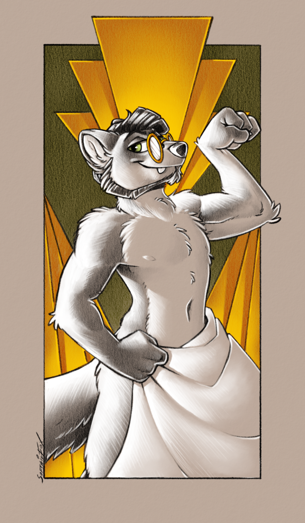 animal_humanoid anthro art_deco black_and_white covering covering_self digital_drawing_(artwork) digital_media_(artwork) eyewear facial_hair flexing flexing_bicep fluffy fluffy_tail glasses green_eyes head_hair head_tuft hi_res humanoid looking_at_viewer mammal mammal_humanoid monochrome mustelid mustelid_humanoid musteline musteline_humanoid navel nipples simple_background simple_coloring sketch smile smiling_at_viewer softailfox solo tail towel towel_around_waist true_musteline tuft weasel weasel_humanoid