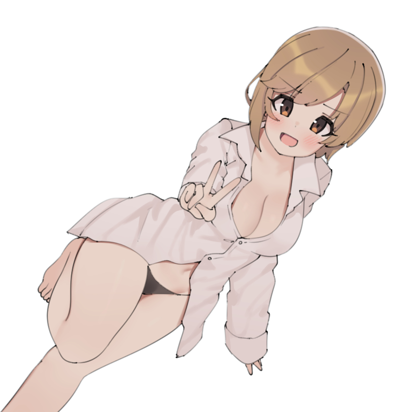 1girl aa211108 aiba_yumi barefoot black_panties blonde_hair blush breasts brown_eyes cleavage collarbone idolmaster idolmaster_cinderella_girls medium_breasts navel open_mouth panties shirt short_hair solo thighs underwear v white_shirt