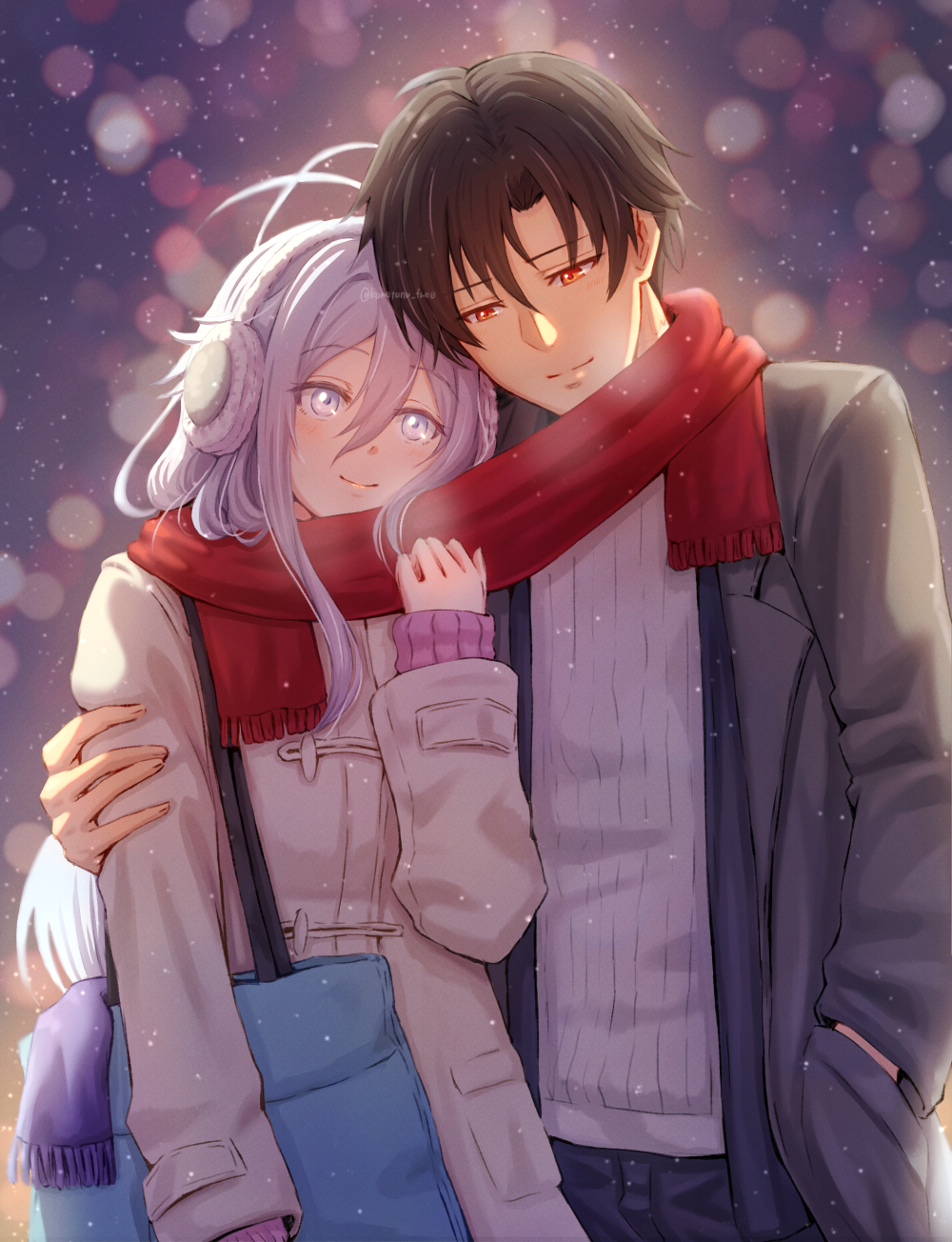 1boy 1girl 86_-eightysix- brown_hair closed_mouth coat couple grey_coat grey_eyes grey_hair hair_between_eyes hand_in_pocket hetero highres kamatanu_free lens_flare long_hair long_sleeves night open_clothes open_coat outdoors red_eyes red_scarf ribbed_sweater scarf shared_clothes shared_scarf shinei_nouzen short_hair smile snowing sweater vladilena_millize white_sweater