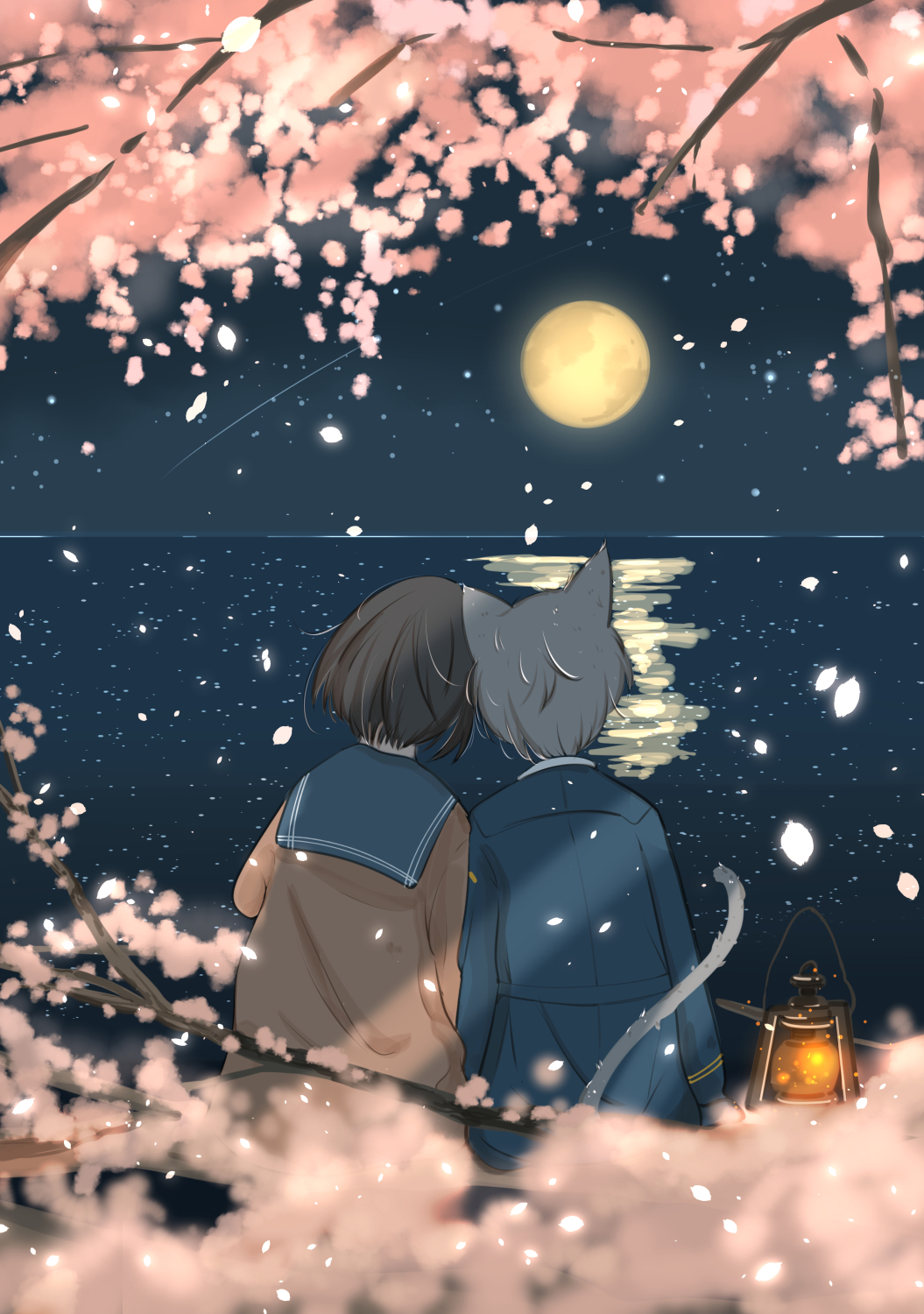 1boy 1girl animal_ears arms_at_sides blue_jacket blue_sailor_collar branch brown_hair brown_shirt cat_boy cat_ears cherry_blossoms facing_ahead falling_petals from_behind full_body full_moon grey_hair highres horizon jacket lantern leaning_on_person leaning_to_the_side long_sleeves moon night night_sky ocean original outdoors petals sailor_collar sakurada_chihiro shirt shooting_star short_hair side-by-side sky star_(sky) starry_sky water