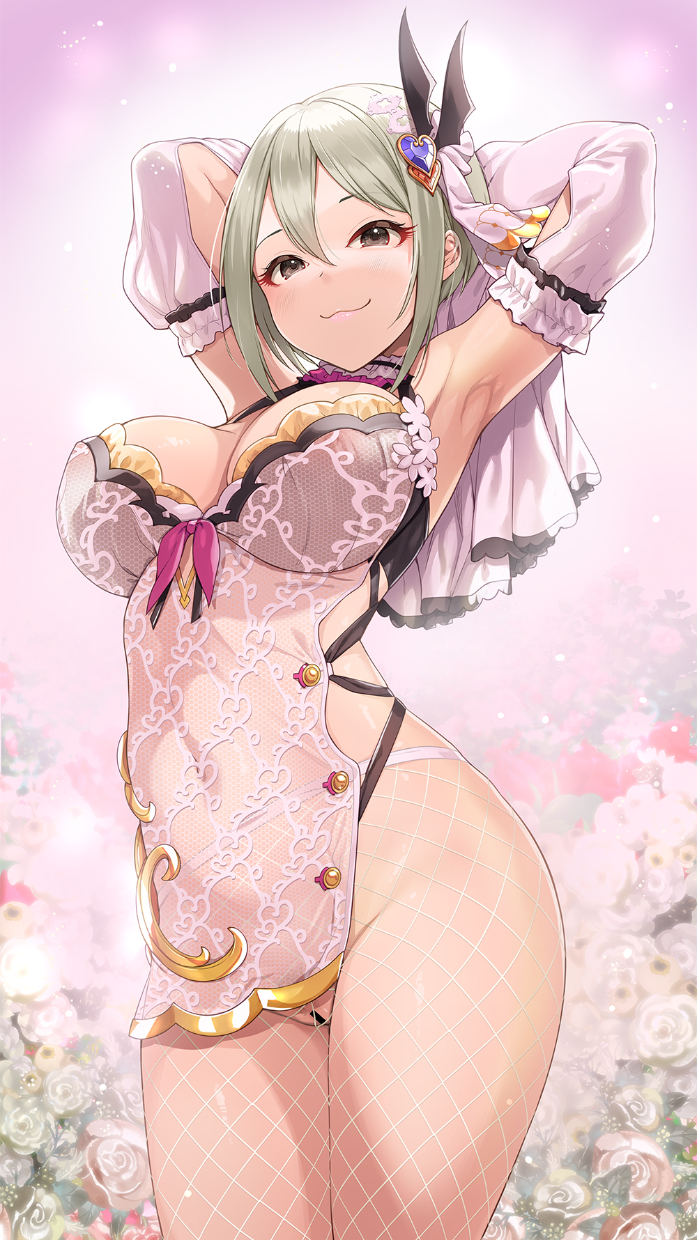 1girl armpits arms_up bar_censor black_eyes blush breasts censored cleavage closed_mouth detached_sleeves fishnet_pantyhose fishnets grey_hair hair_between_eyes hair_ornament heart heart_hair_ornament highres idolmaster idolmaster_cinderella_girls large_breasts lips looking_at_viewer mk_(mod0) nipples no_panties pantyhose presenting_armpit pubic_hair pussy see-through shiomi_syuko short_hair smile solo white_pantyhose