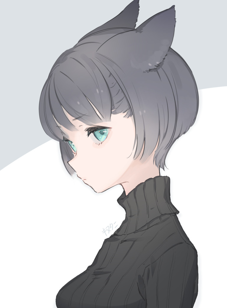1girl animal_ears aqua_eyes black_hair black_sweater cat_ears cat_girl closed_mouth commentary_request grey_background kinutani_yutaka looking_at_viewer original short_hair solo sweater turtleneck turtleneck_sweater two-tone_background upper_body white_background