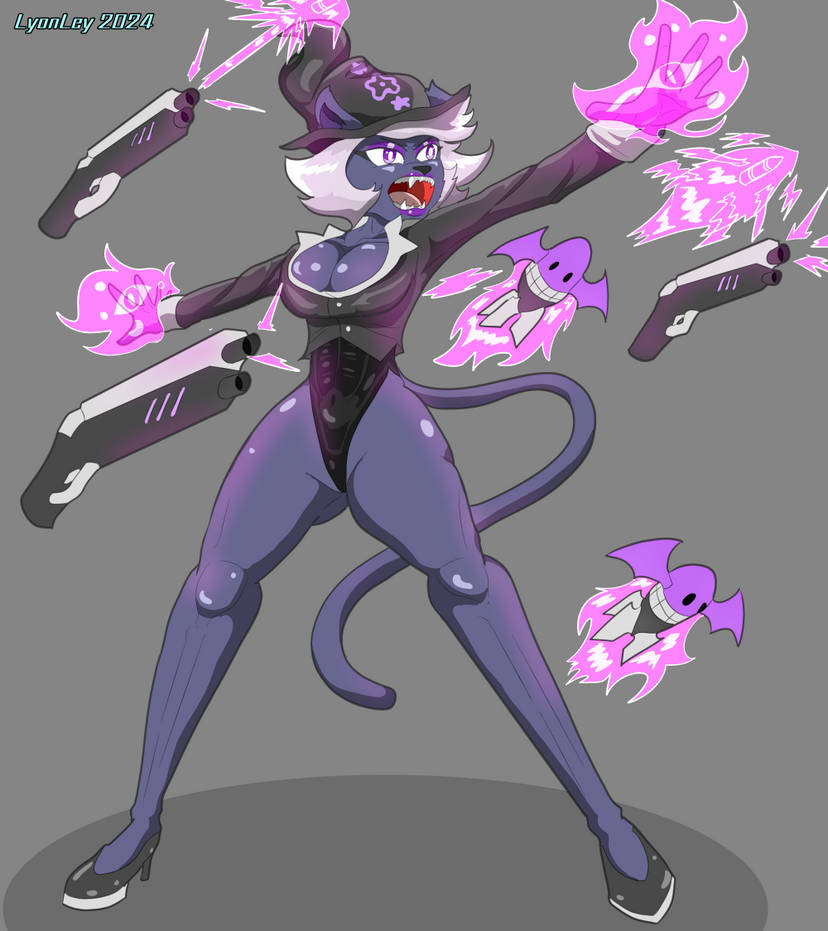 action_pose anthro black_body black_clothing black_fur black_leotard breasts cleavage clothed clothing domestic_cat felid feline felis female footwear fur headgear headwear jacket leotard lyonley magic magic_user mammal nemo_(simplifypm) open_mouth pose purple_eyes ranged_weapon shoes solo topwear weapon