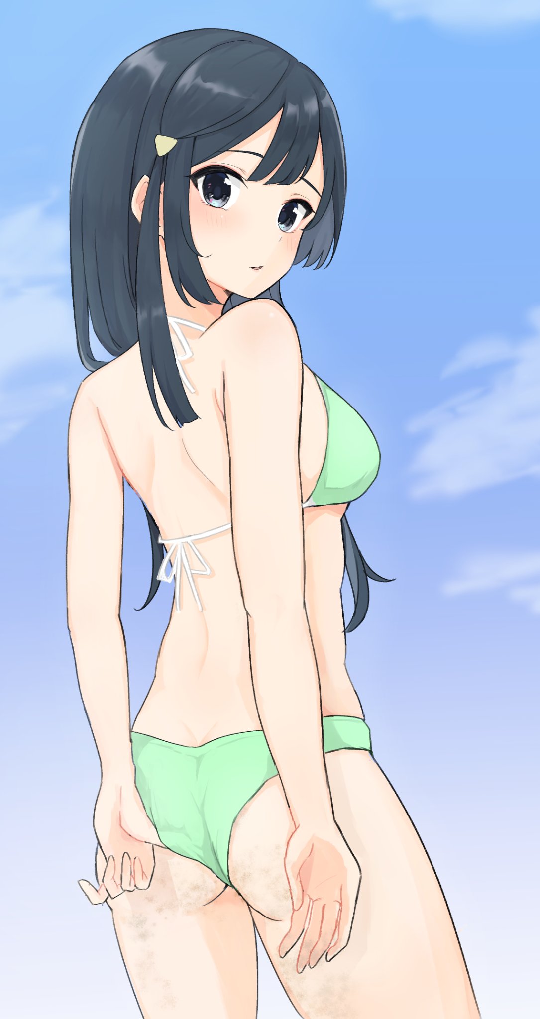 1girl ass back bikini black_hair blue_sky breasts commentary_request from_behind green_bikini grey_eyes hair_over_shoulder highres long_hair looking_at_viewer love_live! love_live!_nijigasaki_high_school_idol_club medium_breasts one_side_up parted_lips sidelocks sky solo standing swimsuit tatsumi432 upper_body yuki_setsuna_(love_live!)