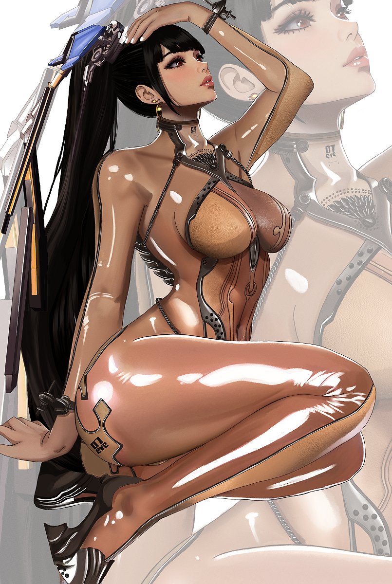 1girl arm_behind_back arm_up ass black_hair bodysuit breasts brown_bodysuit brown_eyes character_name covered_navel eve_(stellar_blade) full_body headgear high_ponytail highres kittymiya long_hair looking_up medium_breasts pink_lips skin_tight solo stellar_blade white_nails zoom_layer
