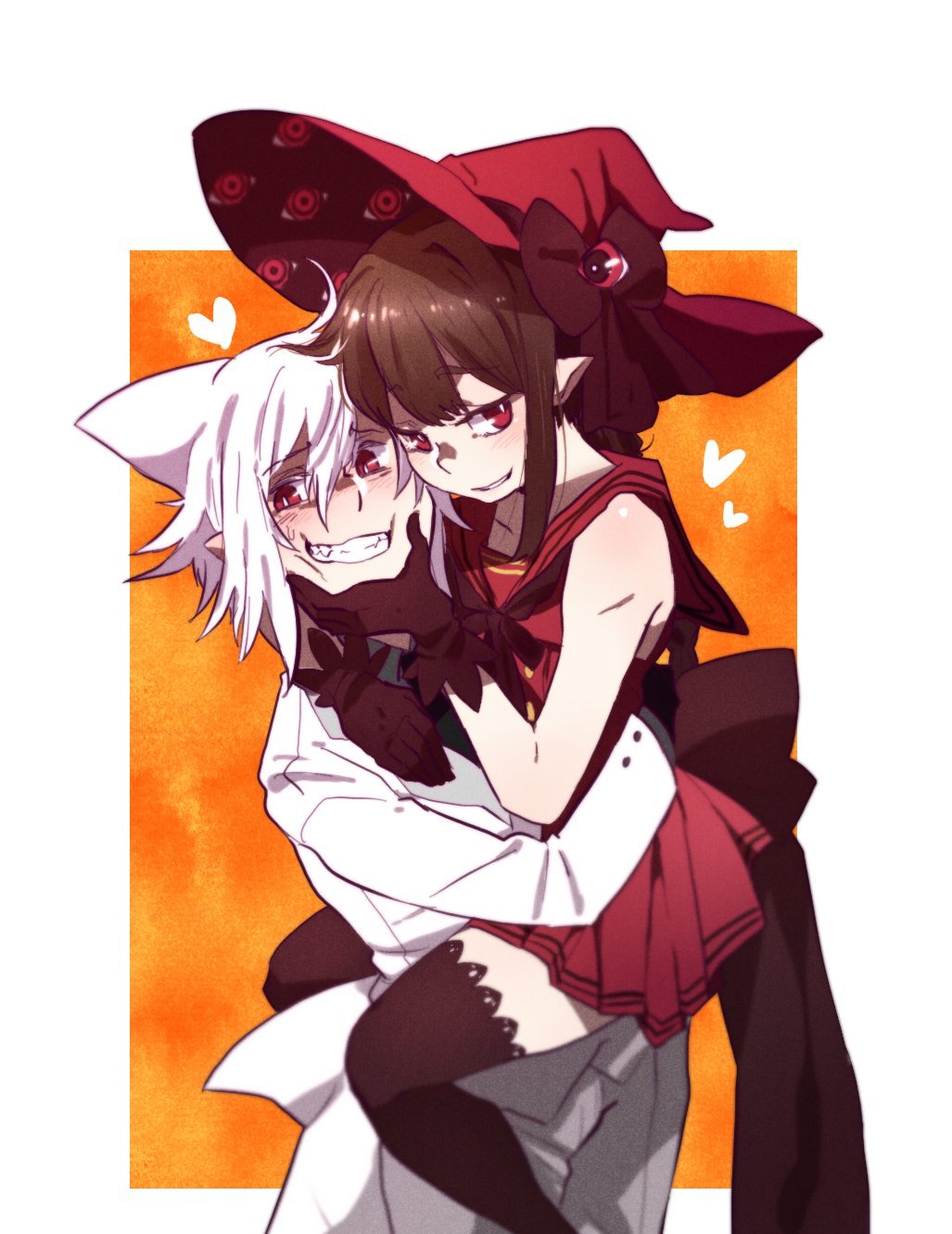 1boy 1girl back_bow black_bow black_gloves black_ribbon border bow bowtie brown_hair carrying carrying_person fins fish_tail forced_smile funamusea gloves hair_between_eyes hand_around_neck hand_on_another's_face hat hat_ribbon head_fins heart highres looking_at_viewer melonenbrot official_alternate_costume oounabara_to_wadanohara orange_background pants pleated_skirt pointy_ears red_bow red_bowtie red_eyes red_hat red_sailor_collar red_shirt red_skirt ribbon sailor_collar shark_boy shark_fin shark_tail shirt sidelocks skirt sleeveless sleeveless_shirt smug suit syake_(funamusea) tail teeth wadanohara white_border white_hair white_pants white_suit witch_hat