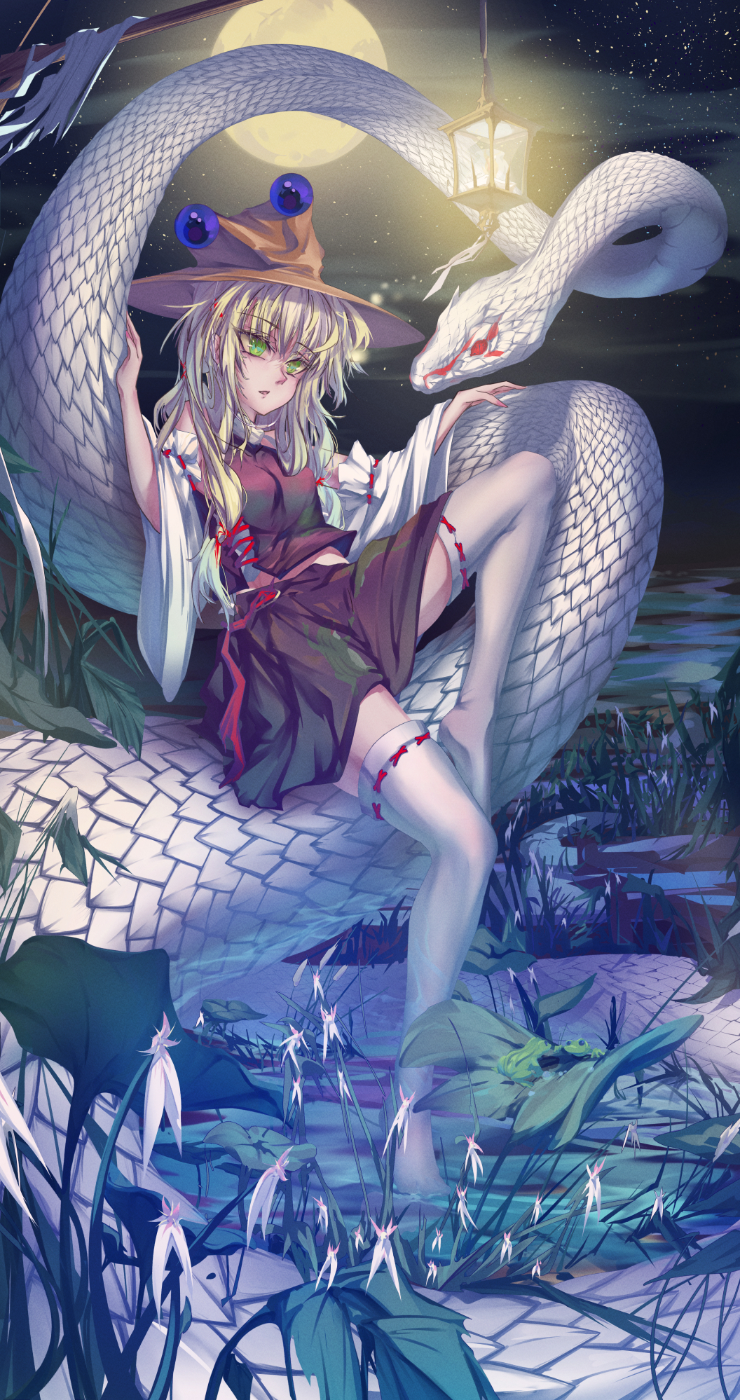 1girl animal_print blonde_hair brown_hat commentary_request frog_print full_body full_moon green_eyes highres lamp lcc long_hair mishaguji moon moriya_suwako night open_mouth outdoors purple_skirt ribbon-trimmed_thighhighs ribbon_trim skirt sky snake star_(sky) starry_sky thighhighs touhou white_snake white_thighhighs