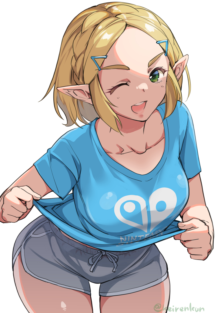 1girl blonde_hair blue_shirt braid breasts clothes_lift collarbone commentary_request cowboy_shot crown_braid dolphin_shorts green_eyes hair_ornament large_breasts leaning_forward lifted_by_self looking_at_viewer monbetsu_kuniharu nintendo_switch_shirt one_eye_closed pointy_ears princess_zelda shirt shirt_lift short_hair short_shorts shorts simple_background smile solo standing the_legend_of_zelda the_legend_of_zelda:_tears_of_the_kingdom white_background