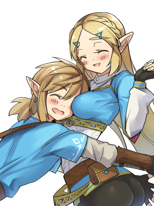 1boy 1girl ^_^ ass between_breasts black_pants blonde_hair blue_tunic blush bracer braid breasts champion's_tunic_(zelda) closed_eyes commentary_request crown_braid earrings face_between_breasts fanny_pack fingerless_gloves glomp gloves hair_ornament hairclip hand_up head_between_breasts hug jewelry link long_hair long_sleeves medium_breasts monbetsu_kuniharu pants pointy_ears ponytail princess_zelda shoulder_belt simple_background smile the_legend_of_zelda the_legend_of_zelda:_breath_of_the_wild thick_eyebrows tight_clothes tight_pants twitter_username upper_body white_background