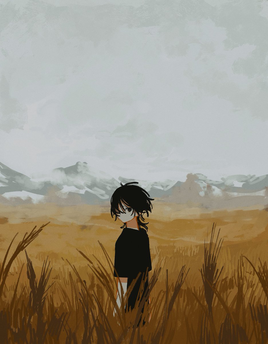 1boy antenna_hair arms_at_sides black_eyes black_shirt cowboy_shot hair_over_one_eye highres looking_at_viewer male_focus medium_hair mountainous_horizon no_mouth one_eye_covered original outdoors overcast scenery shirt short_sleeves sidelocks sky solid_circle_eyes solo uzmaki_tamago wheat_field wolf_cut