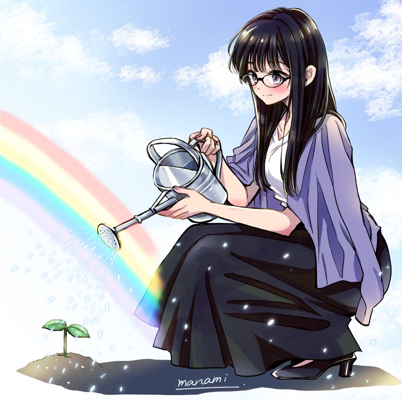 1girl artist_name black-framed_eyewear black_footwear black_skirt blush closed_mouth cloud cloudy_sky commentary day from_side full_body glasses high_heels himawari-san himawari-san_(character) holding holding_watering_can kneeling long_hair long_skirt nail_polish outdoors pink_nails purple_eyes purple_shawl rainbow shawl shirt signature skirt sky smile solo sprout sugano_manami water_drop watering watering_can white_shirt