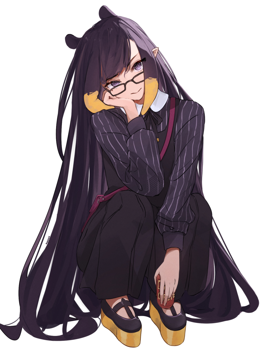 1girl animal_ears bag black_bow black_dress black_footwear bow can dress drink_can glasses hand_on_own_cheek hand_on_own_face holding holding_can hololive hololive_english long_hair looking_at_viewer malvar ninomae_ina'nis platform_footwear pointy_ears purple_eyes purple_hair purple_shirt shirt shoulder_bag sidelocks simple_background soda_can solo squatting very_long_hair virtual_youtuber white_background