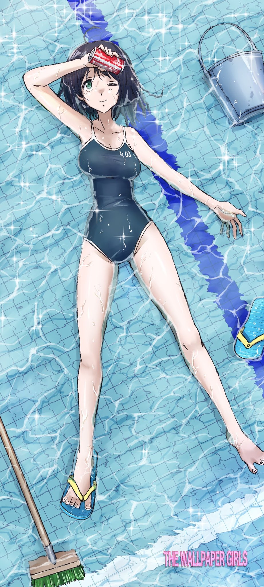 1girl black_hair blue_footwear blue_one-piece_swimsuit bucket can from_above full_body green_eyes highres holding holding_can lying mop on_back one-piece_swimsuit one_eye_closed original partially_submerged sandals short_hair solo swimsuit tsune_(dreamers_express) unworn_sandals water