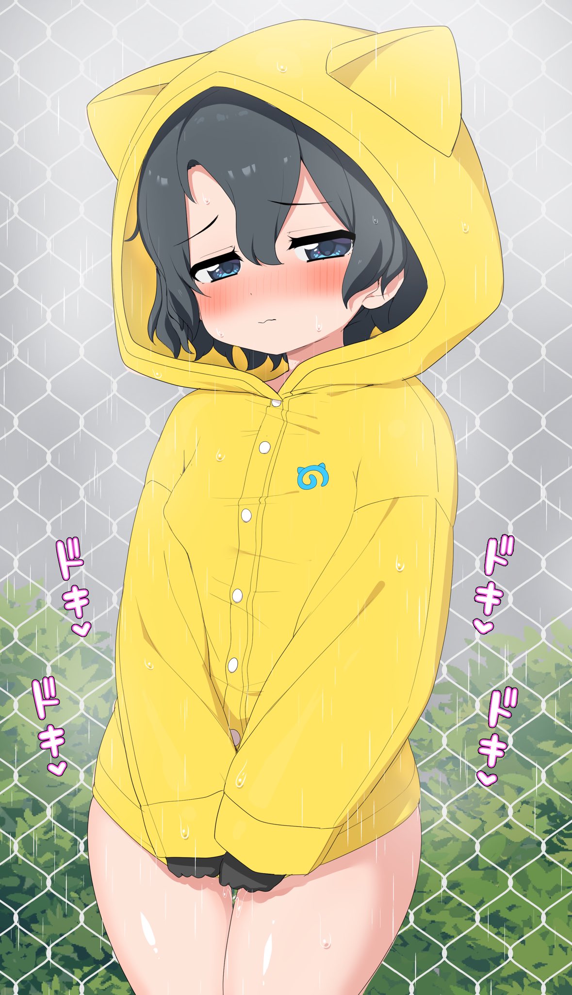 1girl animal_ears black_hair blue_eyes blush bottomless breasts buttons cat_ears chain-link_fence fence gloves highres japari_symbol kaban_(kemono_friends) kemono_friends looking_at_viewer naked_raincoat outdoors paid_reward_available rain raincoat ransusan short_hair small_breasts solo thick_thighs thighs yellow_raincoat