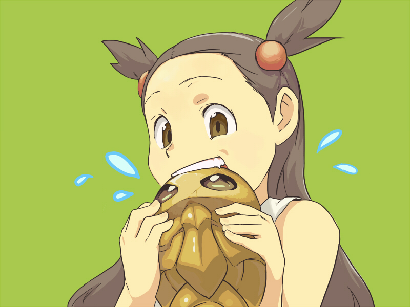 1girl biting brown_eyes brown_hair flying_sweatdrops geregere_(lantern) grey_background hair_bobbles hair_ornament harden_(pokemon) holding holding_pokemon jasmine_(pokemon) kakuna long_hair pokemon pokemon_(creature) pokemon_hgss short_twintails simple_background teeth twintails