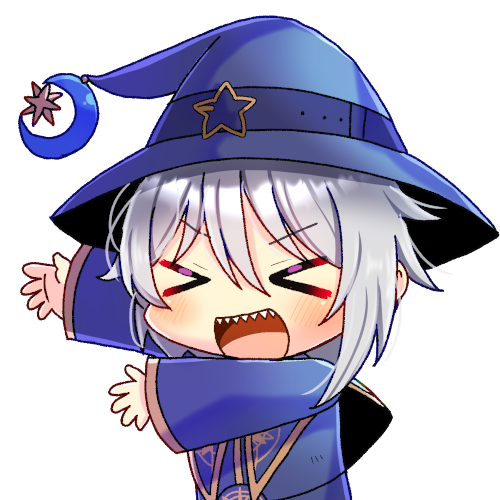 &gt;_&lt; 1boy :d blue_capelet blue_dress blue_hat blush capelet chibi commission copyright_request crescent dress facing_viewer hair_between_eyes hat kou_hiyoyo long_sleeves lowres male_focus outstretched_arms sharp_teeth simple_background skeb_commission sleeves_past_wrists smile solo star_(symbol) teeth upper_body virtual_youtuber white_background wide_sleeves witch_hat xd