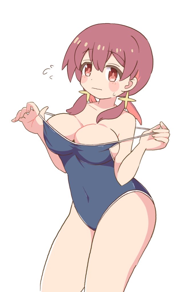 1girl blue_one-piece_swimsuit breasts cleavage clothes_pull competition_school_swimsuit cowboy_shot flying_sweatdrops large_breasts low_twintails medium_hair murosaki_miyo one-piece_swimsuit one-piece_swimsuit_pull onii-chan_wa_oshimai! pon_sugar red_eyes red_hair school_swimsuit simple_background solo swimsuit twintails white_background