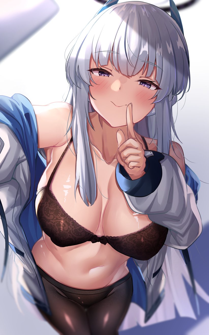 blue_archive bow bow_bra bra breasts covered_nipples earpiece embroidered_bra finger_to_mouth frilled_bra frills halo highres jacket large_breasts long_hair noa_(blue_archive) open_clothes open_jacket pantyhose selfie shiki_(catbox230123) shushing underwear very_long_hair white_hair white_jacket
