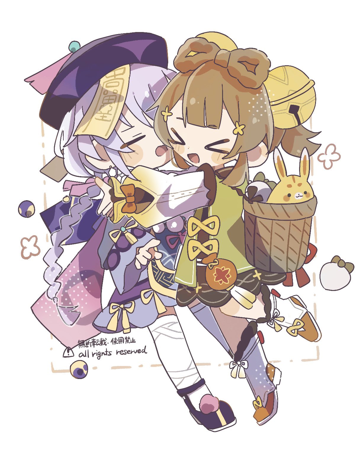 &gt;_&lt; 2girls air_(air_en0) basket bead_necklace beads bell blush bow-shaped_hair braid brown_eyes brown_hair closed_eyes dress flower_(symbol) genshin_impact hair_bell hair_ornament hat highres hug jewelry long_hair long_sleeves multiple_girls necklace ofuda open_mouth purple_hair qingdai_guanmao qiqi_(genshin_impact) simple_background tassel thighhighs turnip white_background white_thighhighs yaoyao_(genshin_impact) yuegui_(genshin_impact)