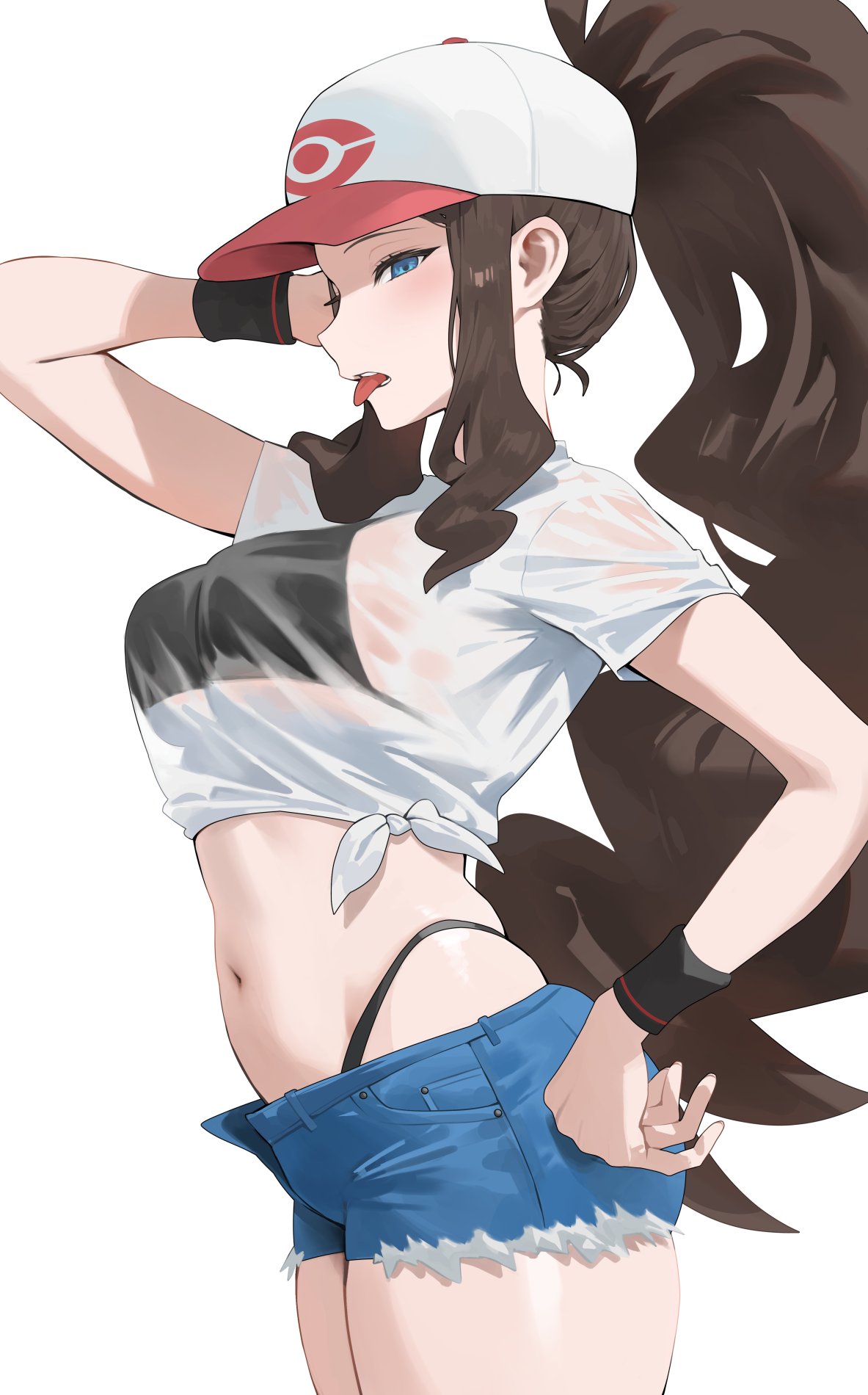 1girl baseball_cap blue_eyes brown_hair denim denim_shorts hat highres hilda_(pokemon) hood_(james_x) navel pokemon pokemon_bw shirt shorts solo teeth thong tongue tongue_out white_background white_shirt