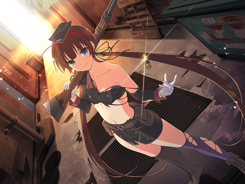 1girl ahoge alley axe belt belt_pouch black_ribbon blue_eyes bolt_action brown_belt brown_hair bullet buttons cargo_pallet closed_mouth collarbone cross-laced_footwear door double-breasted dumpster flat_chest gloves grate green_eyes gun hair_ribbon hairband hebijo_academy_uniform heterochromia holding holding_axe holding_gun holding_weapon industrial_pipe infinity_symbol lens_flare light_particles linea_alba long_hair long_sleeves looking_at_viewer low_twintails official_alternate_costume official_art pouch puddle purple_thighhighs red_hairband ribbon rifle ryoubi_(senran_kagura) school_uniform senran_kagura senran_kagura_new_link senran_kagura_shinovi_versus shiny_skin smile sniper_rifle solo thighhighs torn_boots torn_clothes torn_sleeve torn_thighhighs tossing twintails very_long_hair weapon white_gloves yaegashi_nan