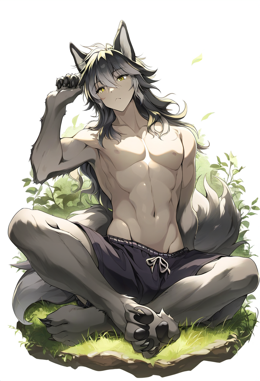 ai_generated ai_generated_media_(subject) bottomwear canid canine canis claws clothed clothing crossed_legs fur grey_body grey_fur hand_behind_back hi_res human hybrid male mammal nature nature_background nipples outside pale_skin partially_clothed shorts simple_background solo solo_focus topless white_background wolf yellow_eyes