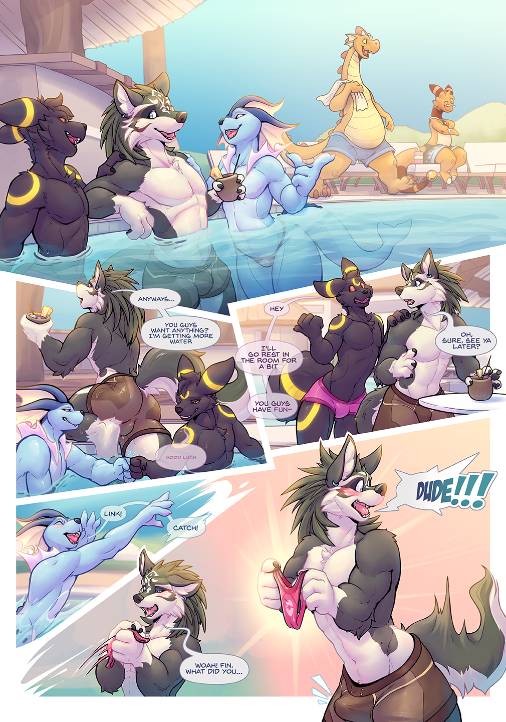 2024 ampharos anthro biped black_body black_fur blue_body blue_eyes blush bulge butt canid canine canis clothing comic dialogue digital_media_(artwork) ear_piercing ear_ring eeveelution english_text erection erection_under_clothing fur generation_1_pokemon generation_2_pokemon group hi_res link_(wolf_form) male mammal multicolored_body multicolored_fur nintendo outside piercing pokemon pokemon_(species) pool red_eyes ring_piercing speech_bubble swimming_trunks swimwear text the_legend_of_zelda thesecretcave umbreon vaporeon white_body white_fur wolf