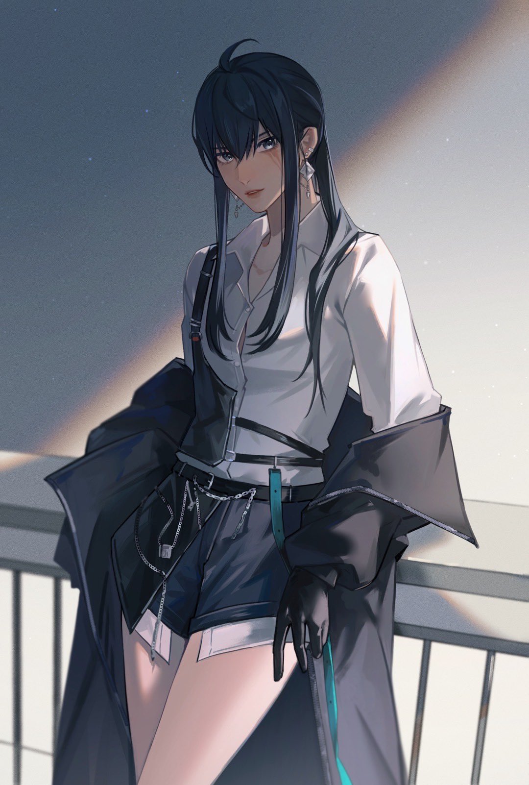 1girl against_railing belt black_coat black_gloves black_hair blue_shorts chinese_commentary coat collared_shirt commentary_request cowboy_shot denim_shirt earrings gloves highres jewelry light_particles long_hair long_sleeves looking_at_viewer miix777 parted_lips path_to_nowhere rahu_(path_to_nowhere) railing scar scar_across_eye shirt shorts sidelocks solo white_shirt