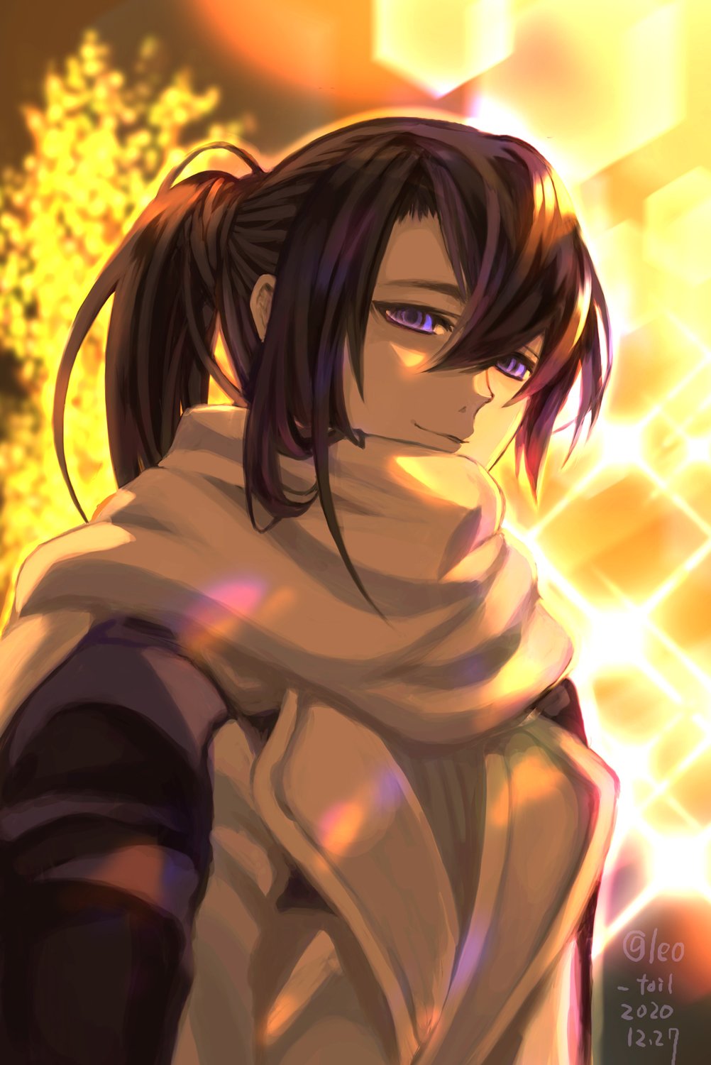 1boy adapted_costume blurry bokeh dated depth_of_field hair_between_eyes highres leo_tail long_hair looking_at_viewer male_focus ponytail purple_eyes purple_hair scarf smile solo strider_(video_game) strider_hien twitter_username upper_body white_scarf