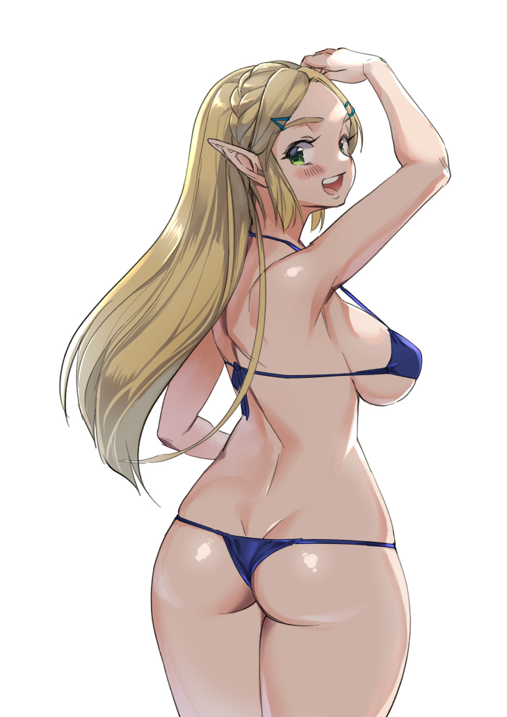 1girl arm_up ass bikini blonde_hair blue_bikini blush braid breasts commentary_request cowboy_shot crown_braid green_eyes hair_ornament hairclip large_breasts long_hair looking_at_viewer looking_back monbetsu_kuniharu pointy_ears princess_zelda sideboob simple_background smile solo standing swimsuit teeth the_legend_of_zelda the_legend_of_zelda:_breath_of_the_wild thick_eyebrows upper_teeth_only white_background