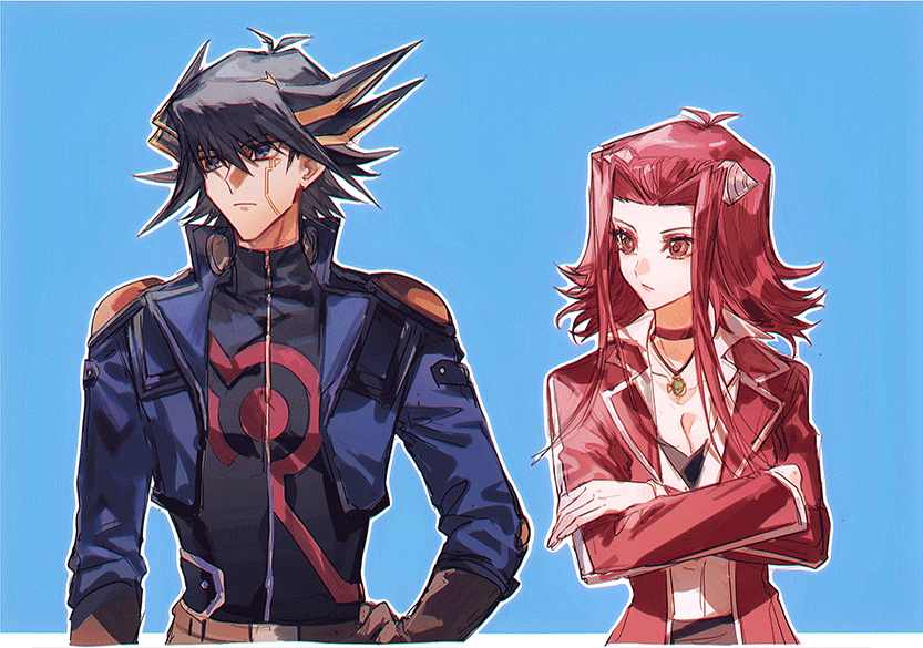 ... 1boy 1girl animated animated_gif bad_id bad_lofter_id black_hair black_jacket blonde_hair blue_background blue_eyes blue_jacket border breasts brown_eyes brown_gloves choker cleavage collarbone crossed_arms duel_academy_uniform_(yu-gi-oh!_5d's) facial_mark fudo_yusei gloves hair_between_eyes hair_intakes hand_on_own_hip izayoi_aki jacket jewelry long_sleeves looking_at_another medium_breasts multicolored_hair naoki_(2rzmcaizerails6) open_clothes open_jacket outline pendant pink_background print_jacket red_choker red_hair red_jacket sidelocks spiked_hair split_screen two-tone_hair upper_body white_border yu-gi-oh! yu-gi-oh!_5d's zipper