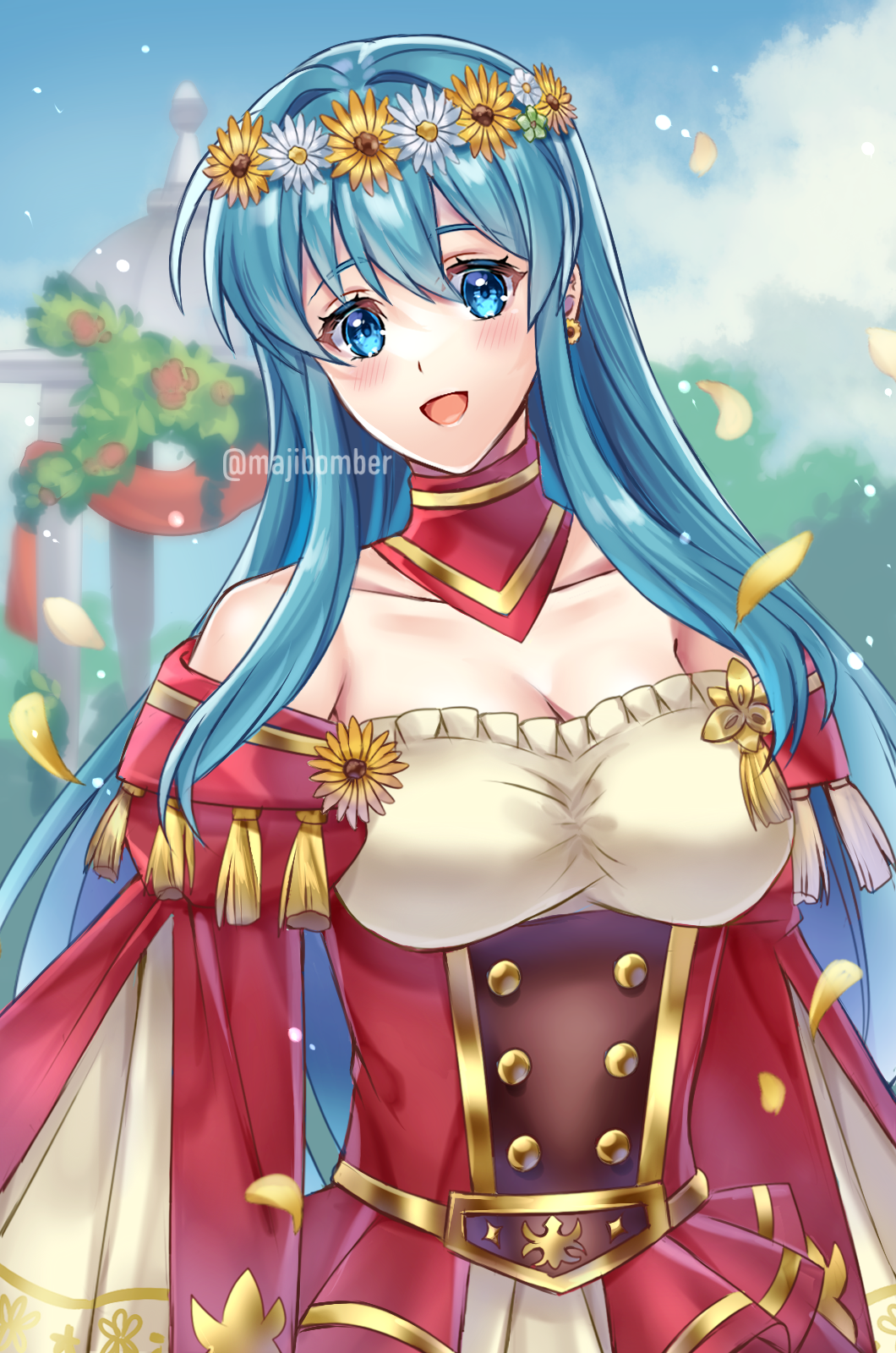 1girl :d bare_shoulders blue_eyes blue_hair blue_sky commentary_request day dress eirika_(fire_emblem) fire_emblem fire_emblem:_the_sacred_stones fire_emblem_heroes head_wreath highres long_hair long_sleeves looking_at_viewer maji_(majibomber) off-shoulder_dress off_shoulder official_alternate_costume open_mouth petals red_dress sky smile solo upper_body very_long_hair