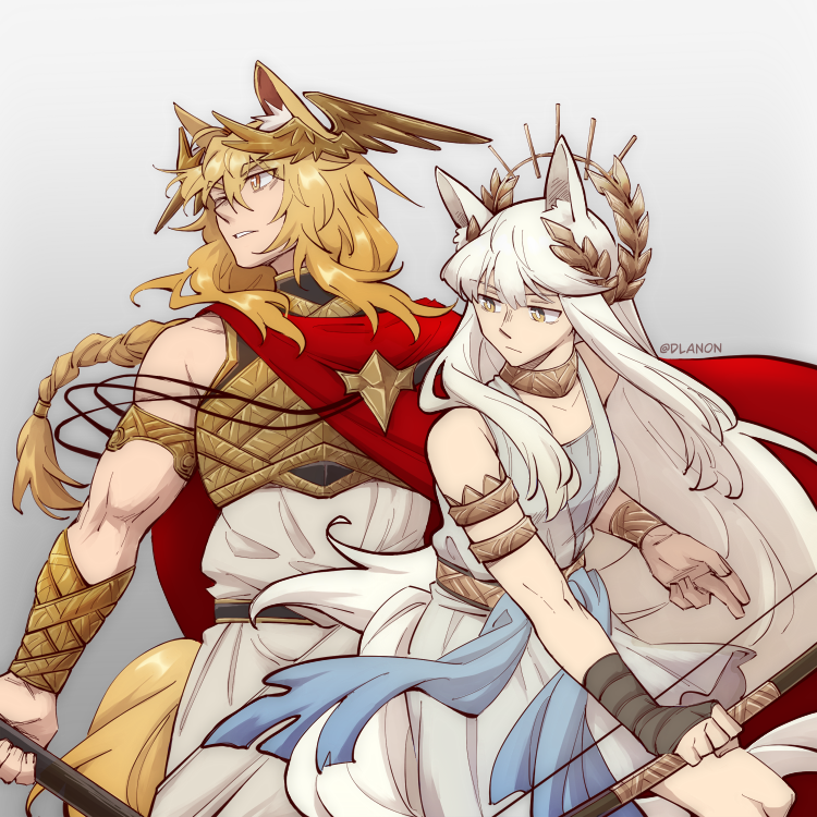 animal_ear_fluff animal_ears arknights bow_(weapon) braid cape dlanon holding holding_bow_(weapon) holding_weapon horse_ears horse_girl horse_tail implied_extra_ears laurel_crown nearl_(arknights) platinum_(arknights) red_cape tail weapon white_hair