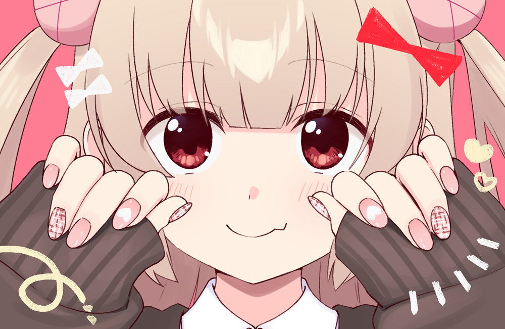 1girl black_jacket blush bow close-up closed_mouth collared_shirt fang hair_bow hands_up jacket kisaragi_hina light_brown_hair long_hair long_sleeves nail_art nail_polish natori_sana pink_nails portrait red_bow red_eyes sana_channel shirt sidelocks skin_fang sleeves_past_wrists smile solo straight-on twintails virtual_youtuber white_shirt