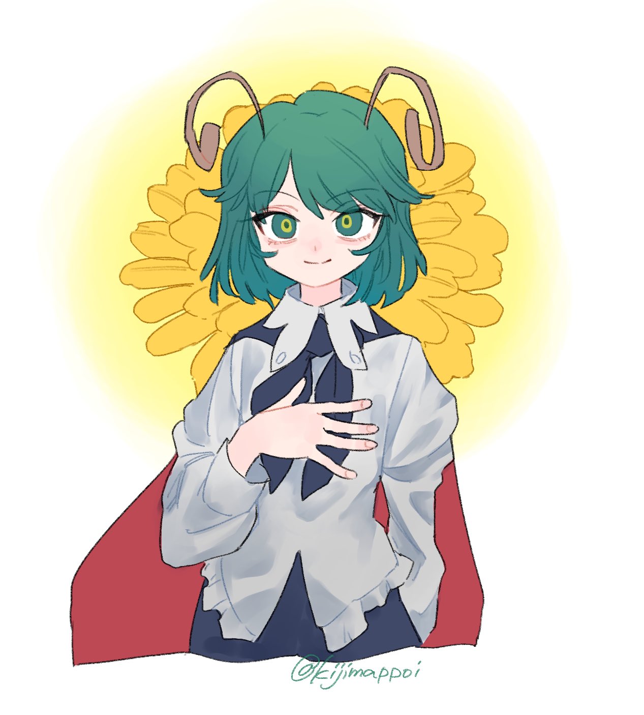 1girl antennae black_cape blush cape closed_mouth collared_shirt commentary_request derivative_work fingernails floral_background flower green_hair hand_on_own_chest highres kijima_(amayadori-tei) long_sleeves looking_at_viewer medium_bangs red_cape redrawn shirt short_hair smile solo touhou twitter_username two-sided_cape two-sided_fabric upper_body white_shirt wriggle_nightbug yellow_flower yellow_pupils