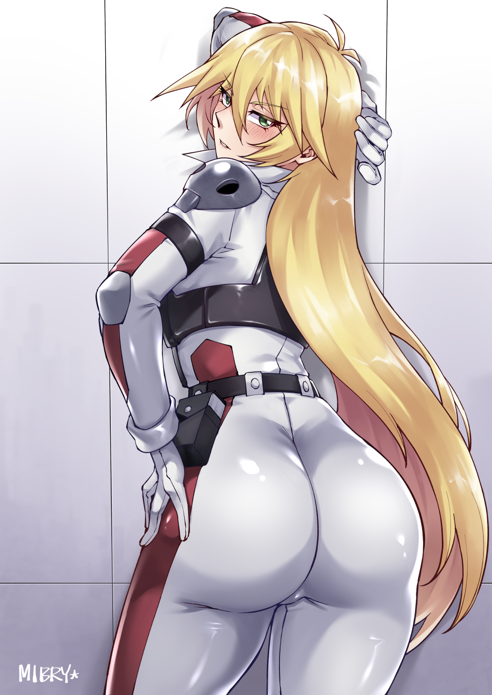 1girl ass back biker_clothes bikesuit blonde_hair blush bodysuit butt_crack from_behind gloves green_eyes highres long_hair looking_at_viewer looking_back mibry_(phrysm) sherry_leblanc skin_tight solo very_long_hair yu-gi-oh! yu-gi-oh!_5d's