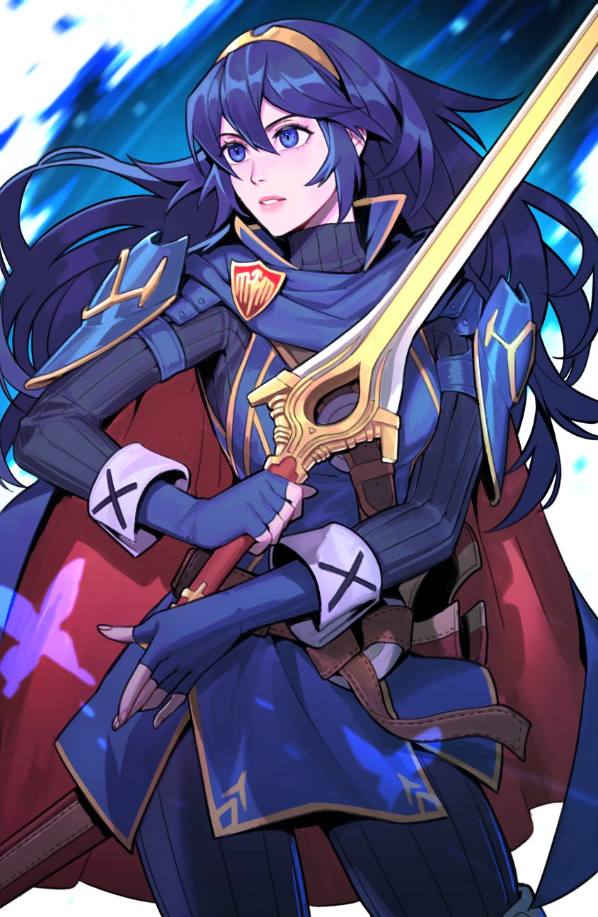 1girl blue_eyes blue_hair cape falchion_(fire_emblem) fingerless_gloves fire_emblem fire_emblem_awakening gloves hair_between_eyes highres holding holding_sword holding_weapon long_hair lucina_(fire_emblem) open_mouth radiostarkiller simple_background smile solo sword tiara weapon white_background