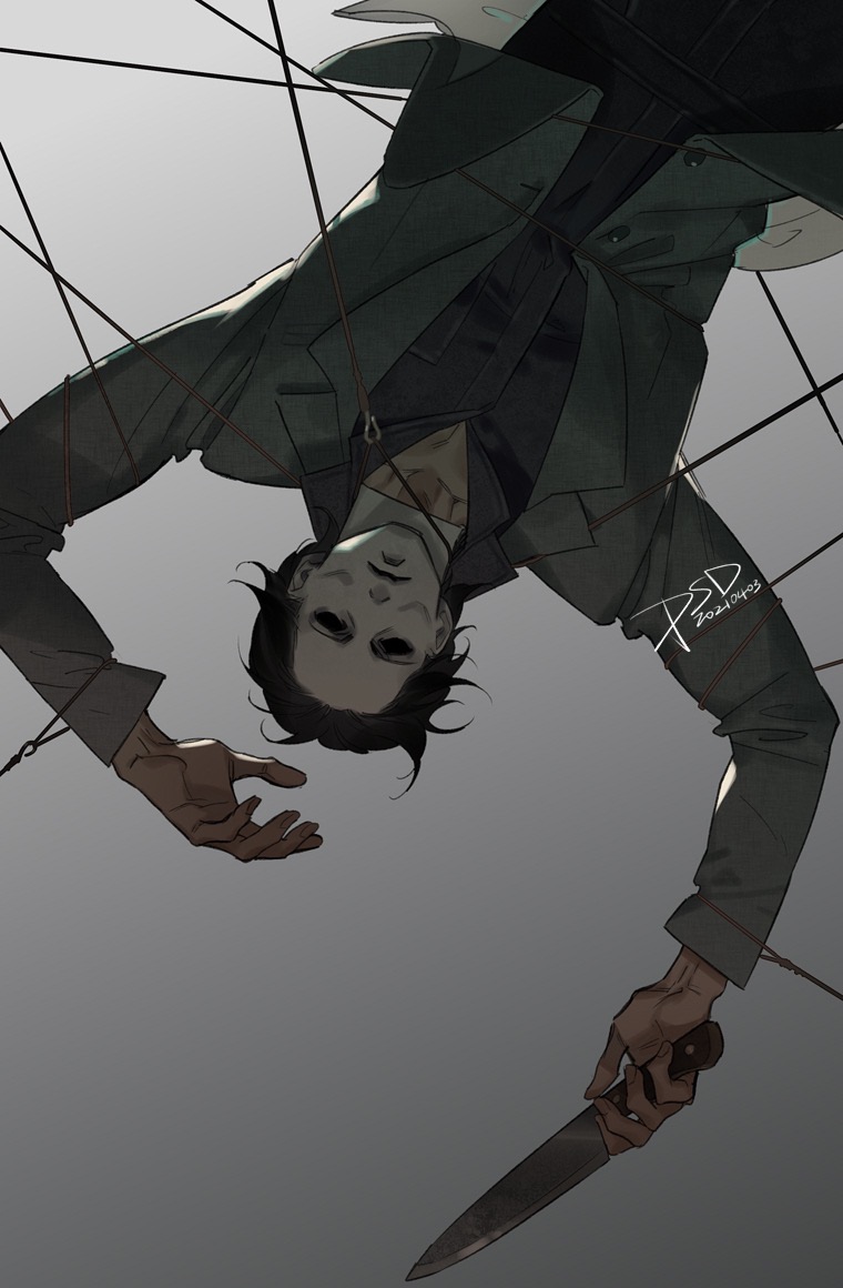 1boy black_hair coat dead_by_daylight holding holding_knife knife looking_at_viewer mask michael_myers psd_(psdgai) solo upside-down