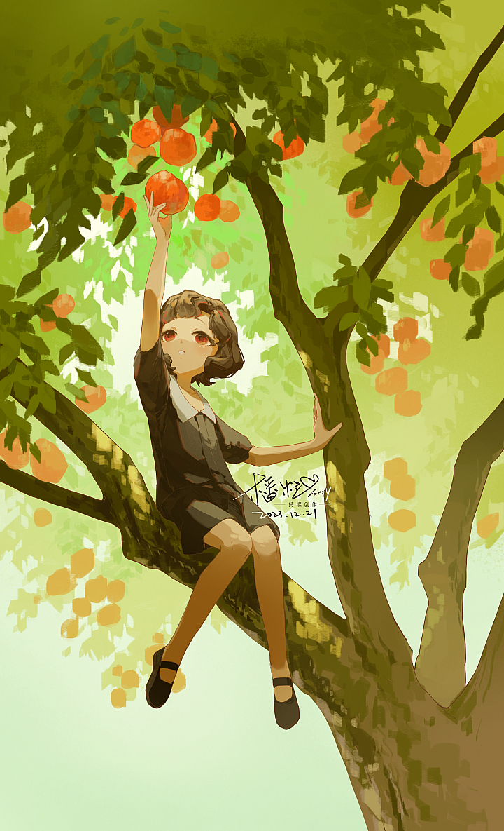 1girl :o aged_down arm_up artist_name bare_legs black_dress black_footwear black_hair child curly_hair dated dress facing_up faerybou food fruit full_body green_background hand_up holding holding_food holding_fruit in_tree looking_at_object looking_up mary_janes on_branch orange_(fruit) orange_tree picking_fruit red_eyes reverse:1999 schneider_(reverse:1999) shoes short_dress short_hair short_sleeves signature sitting sitting_in_tree sitting_on_branch solo tree