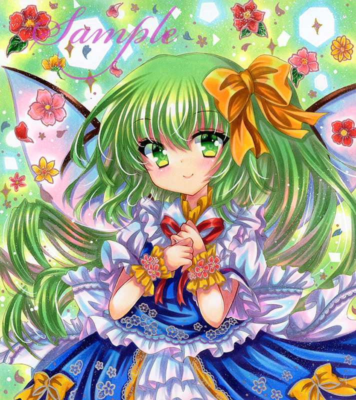 1girl blue_dress closed_mouth daiyousei dress embellished_costume fairy fairy_wings floral_print flower green_background green_eyes green_hair hair_ribbon long_hair looking_at_viewer marker_(medium) neck_ribbon one_side_up own_hands_together pink_flower red_flower red_ribbon ribbon rui_(sugar3) sample_watermark smile solo touhou traditional_media upper_body watermark wings wrist_cuffs yellow_flower yellow_ribbon