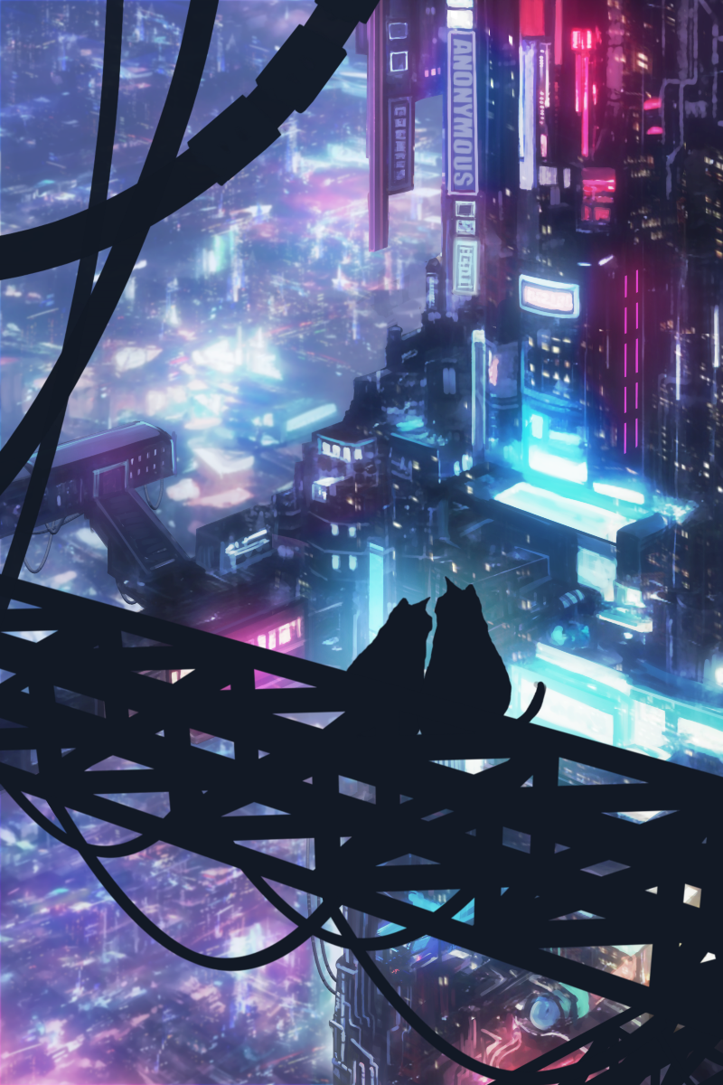 building cat city city_lights cityscape highres neon_lights night no_humans original outdoors power_lines reason_(mark-of-the-unicorn) revision rooftop scenery science_fiction silhouette sitting skyscraper