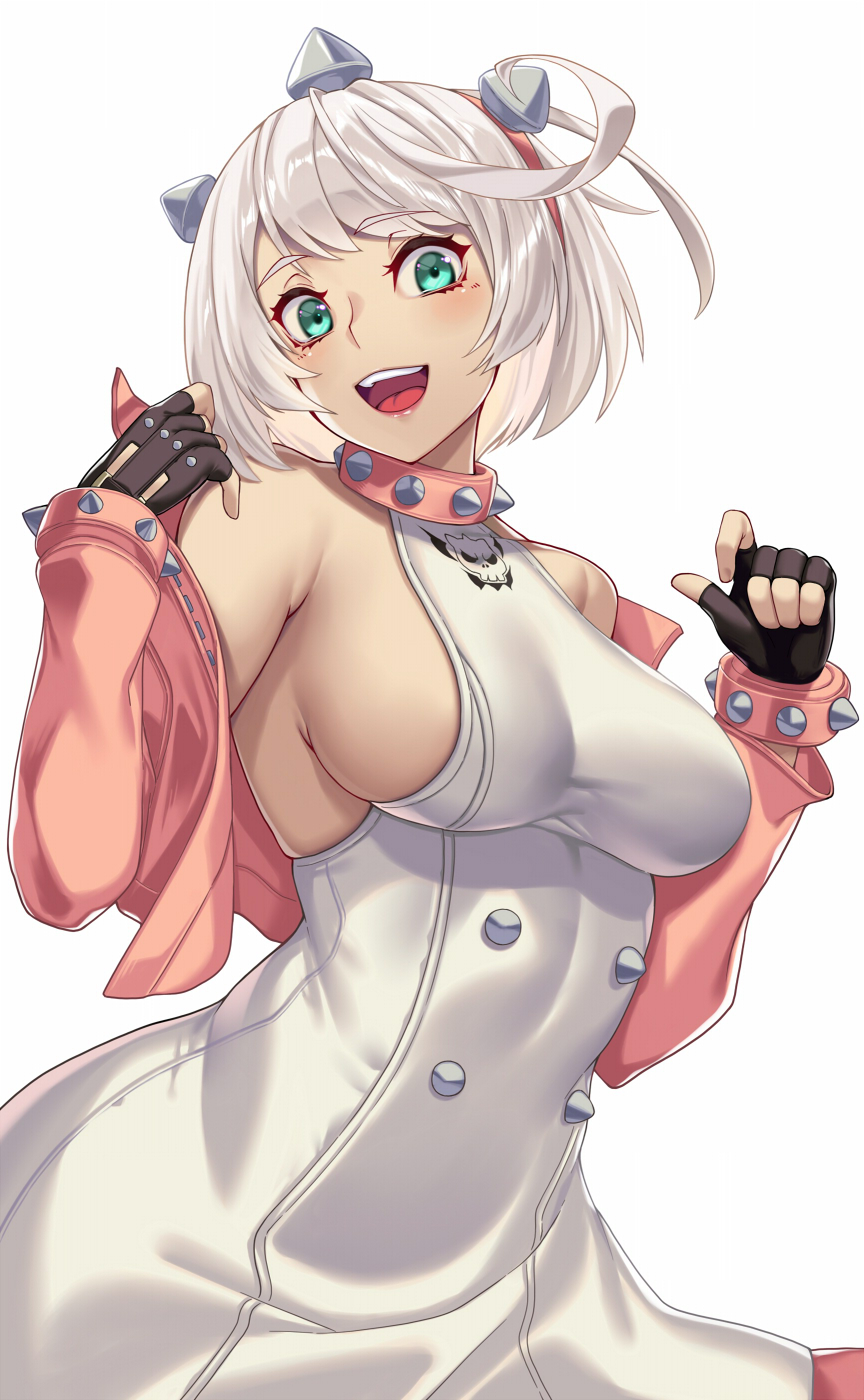 ahoge bare_shoulders black_gloves blue_eyes breasts collar cowboy_shot cropped_jacket dress elphelt_valentine fingerless_gloves gloves guilty_gear guilty_gear_strive hairband highres jacket large_breasts off_shoulder open_mouth pink_collar pink_hairband pink_jacket pink_lips short_hair sideboob simple_background sleeveless sleeveless_dress smile spiked_collar spiked_hairband spikes takanashi-a teeth tongue upper_teeth_only white_background white_dress white_hair