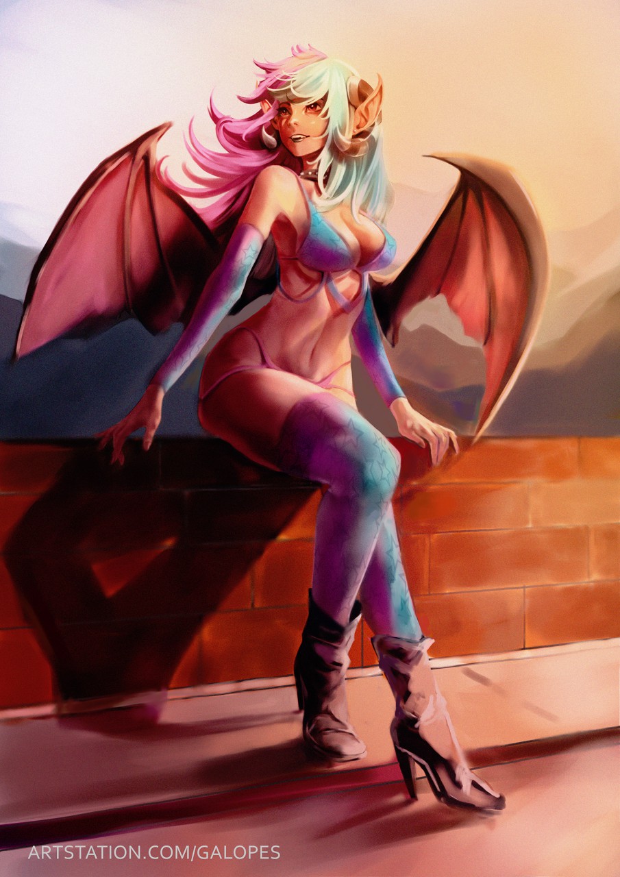 2018 arm_warmers armwear bra breasts choker clothed clothing demon demon_humanoid digital_media_(artwork) digital_painting_(artwork) female footwear galopes hi_res high_heels horn humanoid humanoid_pointy_ears jewelry legwear midriff navel necklace not_furry panties shaded sitting skimpy socks solo thigh_highs thigh_socks underwear vivica_(akukun) wings