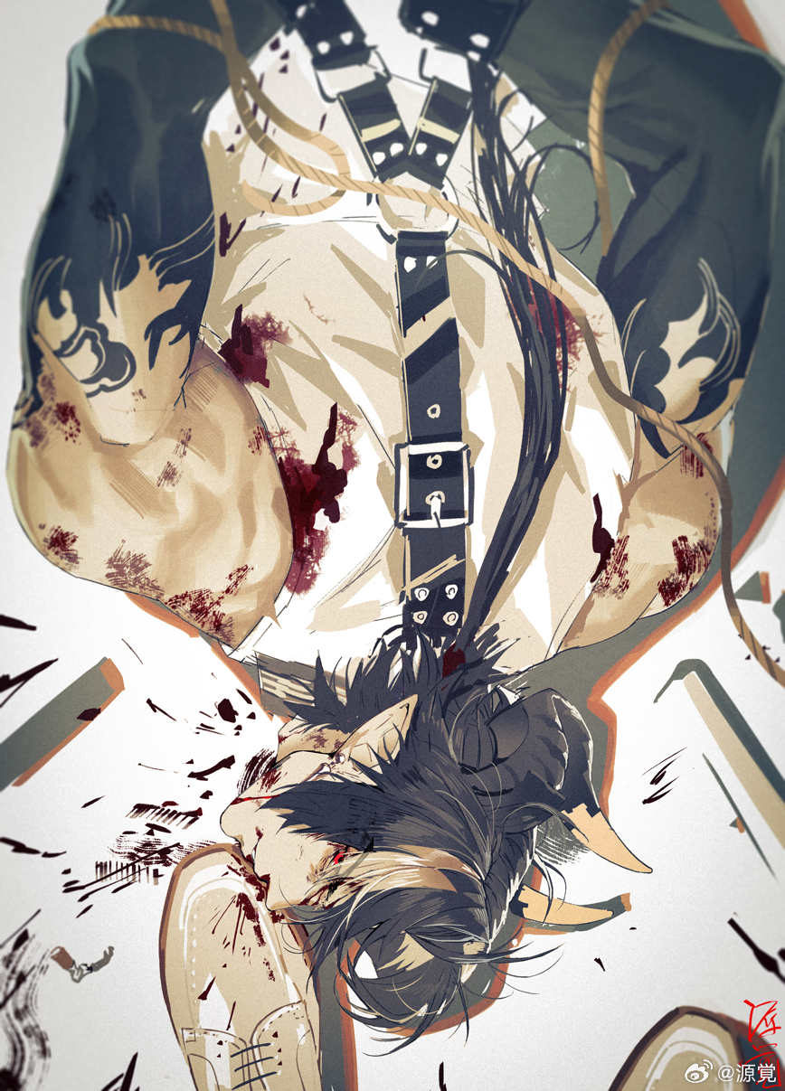 2boys arknights arms_behind_back bdsm black_hair bleeding blood blood_on_clothes blood_on_face blood_on_shoulder bondage bound bound_arms chinese_commentary chong_yue_(arknights) commentary_request dragon_boy dragon_horns earrings from_above highres horns injury ishitsu_kenzou jewelry long_hair looking_at_viewer low_ponytail lying male_focus multicolored_hair multiple_boys nosebleed on_stomach parted_lips pointy_ears pov red_eyes rope signature sleeveless solo_focus streaked_hair upper_body weibo_watermark white_background