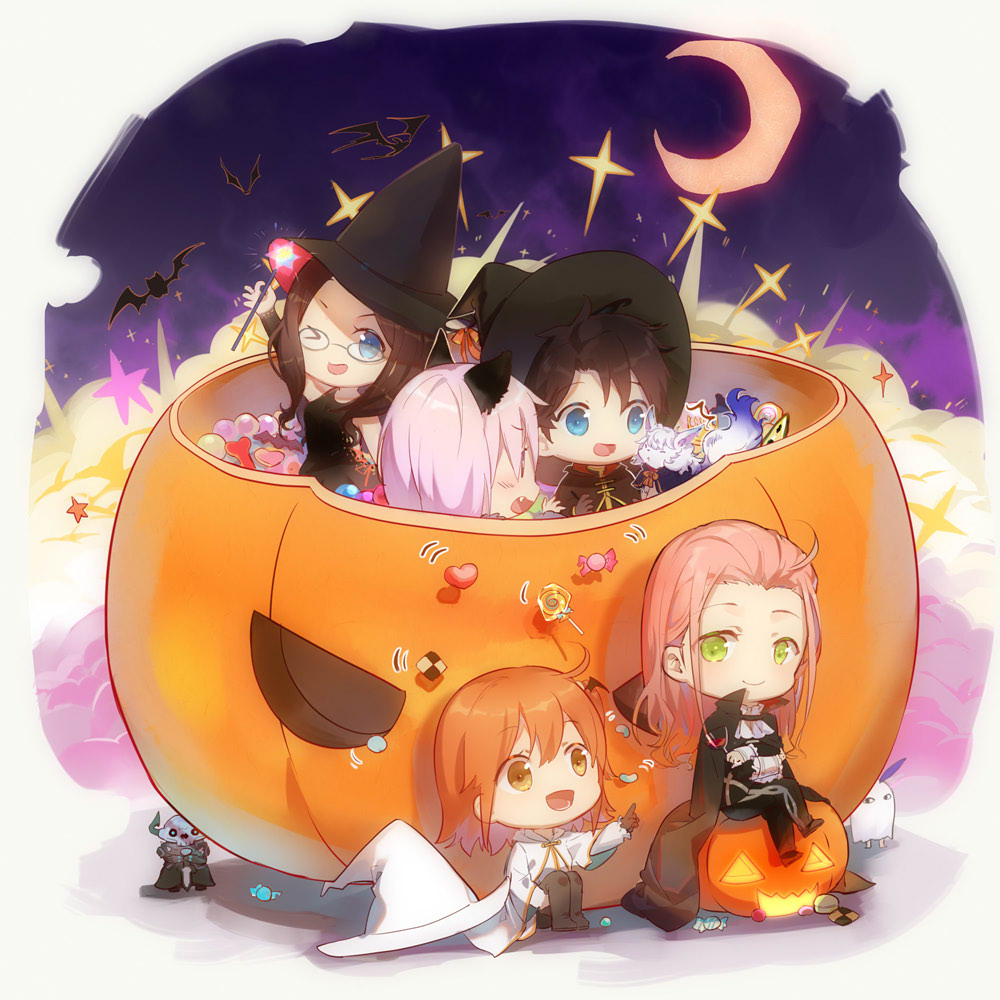 2boys 3girls <o>_<o> ahoge animal_ears arm_up ascot bat_hair_ornament black_cloak black_dress black_footwear black_gloves black_hair black_hat black_pants blue_eyes blush boots breasts candy cat_ears character_doll cloak closed_mouth crescent_moon crossed_arms cup detached_sleeves dress drinking_glass fang fate/grand_order fate_(series) food fou_(fate) fujimaru_ritsuka_(female) fujimaru_ritsuka_(female)_(wizard_&_priest) fujimaru_ritsuka_(male) fujimaru_ritsuka_(male)_(wizard_&_priest) glasses gloves green_eyes hair_between_eyes hair_ornament hair_slicked_back hat holding holding_cup holding_staff jack-o'-lantern jackal_ears king_hassan_(fate) leonardo_da_vinci_(fate) leonardo_da_vinci_(witch_of_moonlit_night)_(fate) lollipop long_hair long_sleeves looking_at_animal looking_at_viewer lower_teeth_only mash_kyrielight mash_kyrielight_(dangerous_beast) mask medium_breasts moon multiple_boys multiple_girls nitocris_(fate) nitocris_(swimsuit_assassin)_(fate) one_eye_closed one_side_up open_mouth orange_hair orange_ribbon pants pink_hair ribbon robe romani_archaman romani_archaman_(count_romani_archaman's_hospitality) shirt single_sleeve sitting skull_mask sleeveless sleeveless_dress smile staff star_(symbol) teeth thigh_boots unworn_hat unworn_headwear white_ascot white_hat white_robe white_shirt wine_glass witch_hat xuehua yellow_eyes