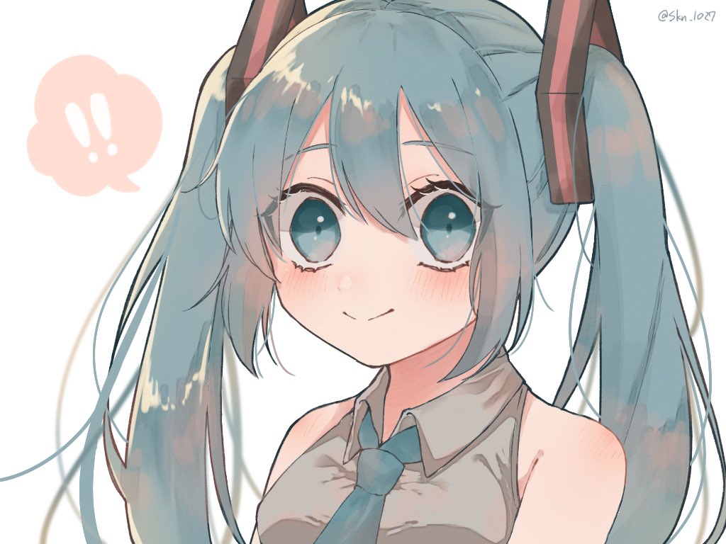 ! 1girl aqua_eyes aqua_hair aqua_necktie bare_shoulders blush collared_shirt constricted_pupils double-parted_bangs grey_shirt hair_between_eyes hair_ornament hatsune_miku long_hair necktie shirt sidelocks simple_background skn_1027 sleeveless sleeveless_shirt smile spoken_exclamation_mark twintails twitter_username upper_body variant_set vocaloid white_background