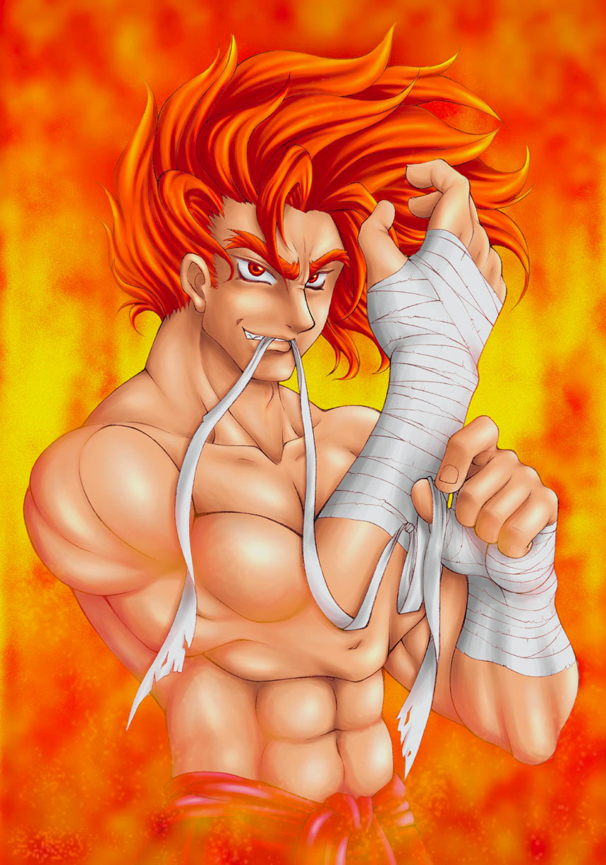 burn highres kazama_kazuki male male_focus orange_hair red_eyes samurai_shodown samurai_spirits smile snk