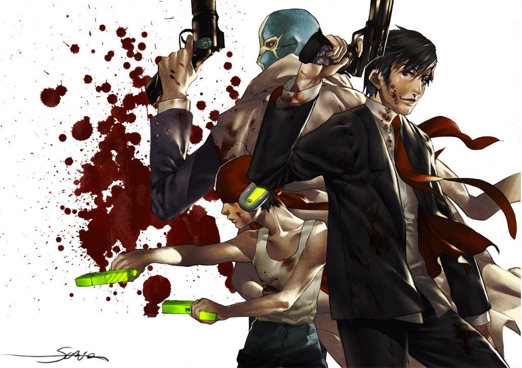 bad_id bad_pixiv_id banned_artist blood con_smith dan_smith dual_wielding formal gangsta_hold gun holding killer7 male_focus mask_de_smith multiple_boys suit sumiobunnya weapon